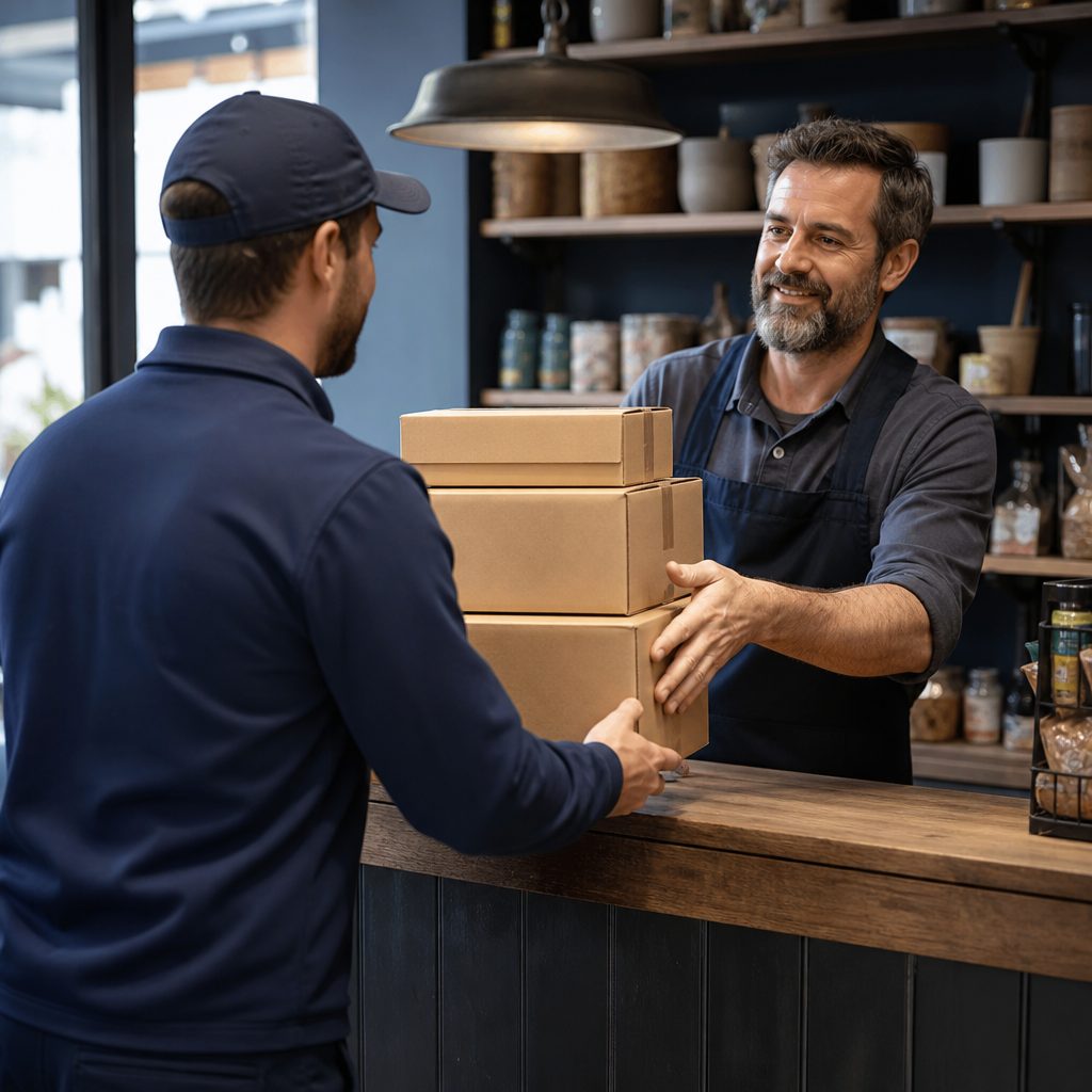A courier collecting parcels from a small shop counter