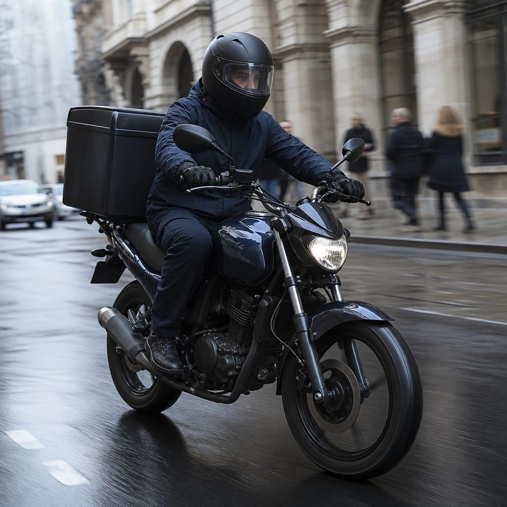 A courier riding a delivery motorcycle between stops