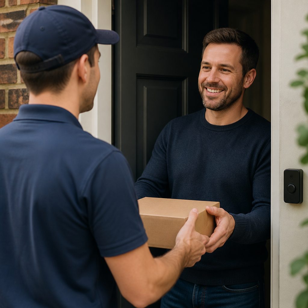 A courier handing a parcel to a customer at their front door