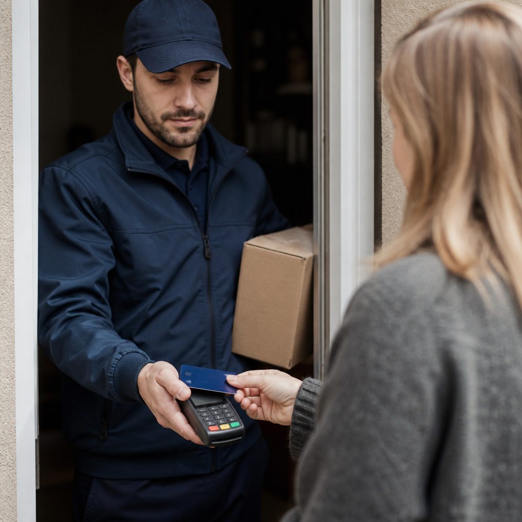 A customer paying by card at the door while taking delivery