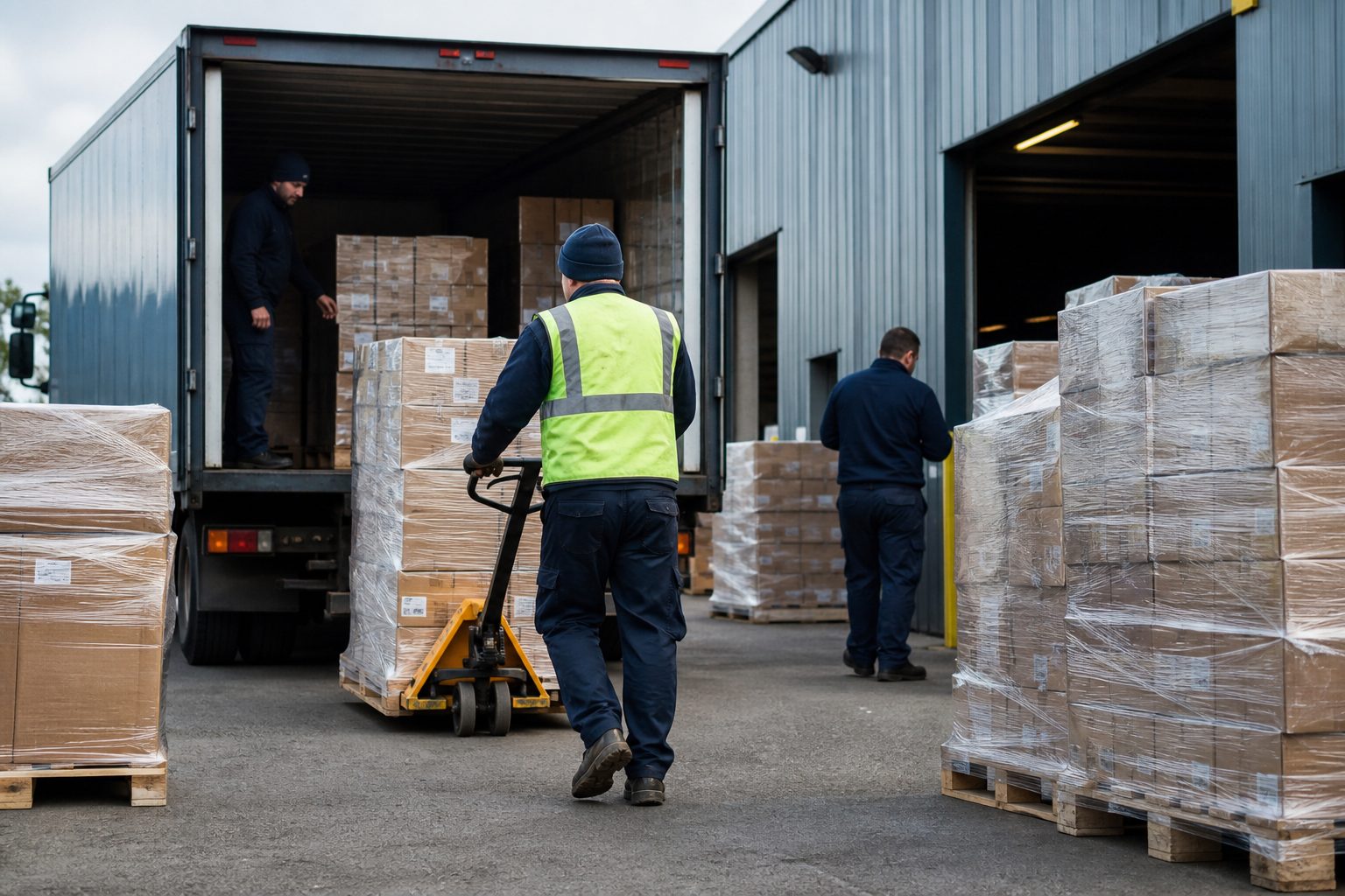 A lorry being loaded at a warehouse dock beside stacked pallets