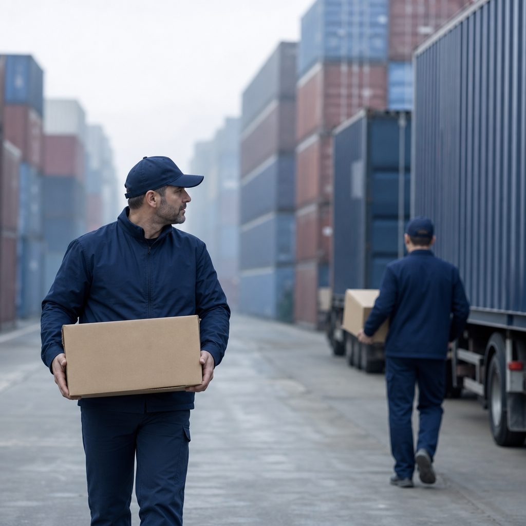 Shipping containers and freight trailers in a distribution yard