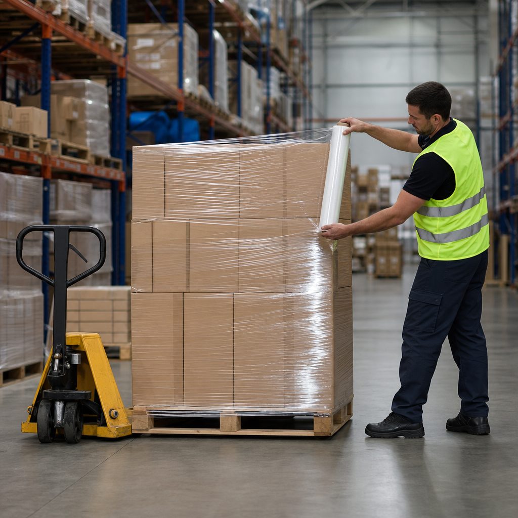 A worker wrapping a pallet of cartons in a warehouse