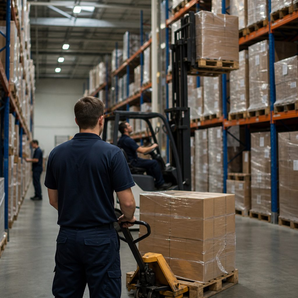 A forklift stacking pallets in tall warehouse racking