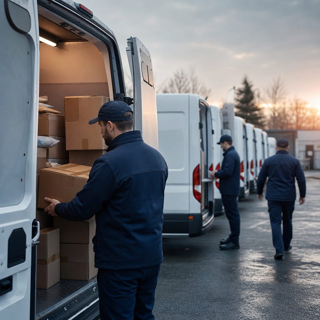 A row of delivery vans on a depot forecourt at dawn