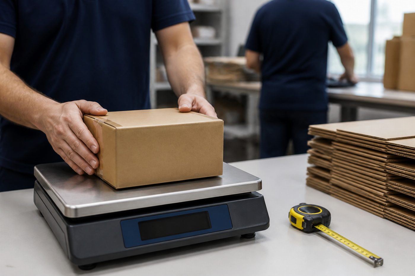 A parcel being weighed and measured at a despatch counter