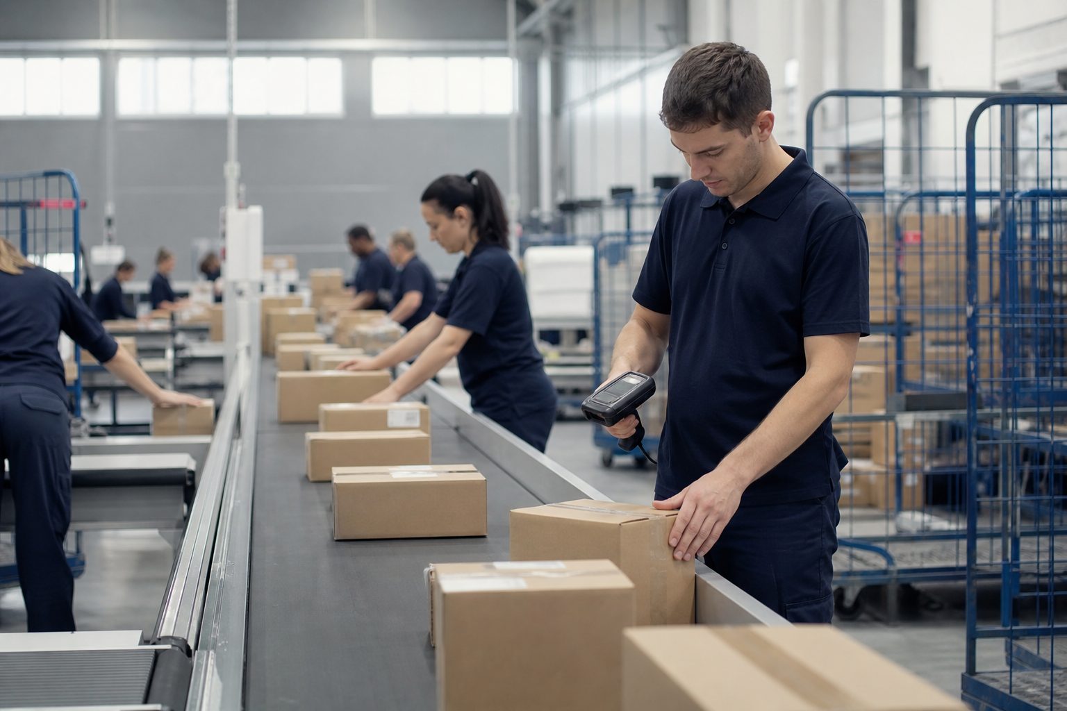Parcels moving along a sorting line while a worker scans one