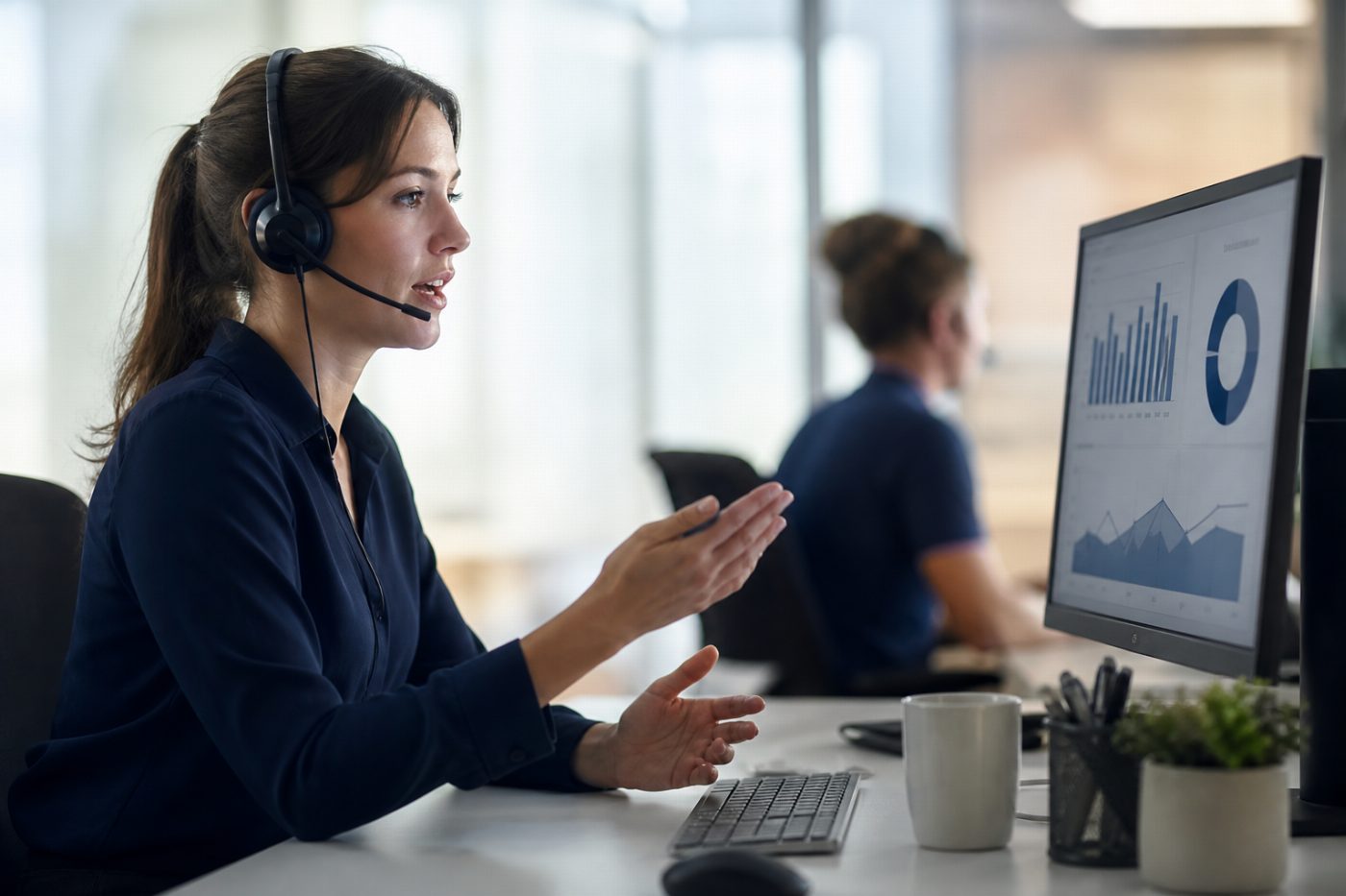 A support agent on a headset at a desk