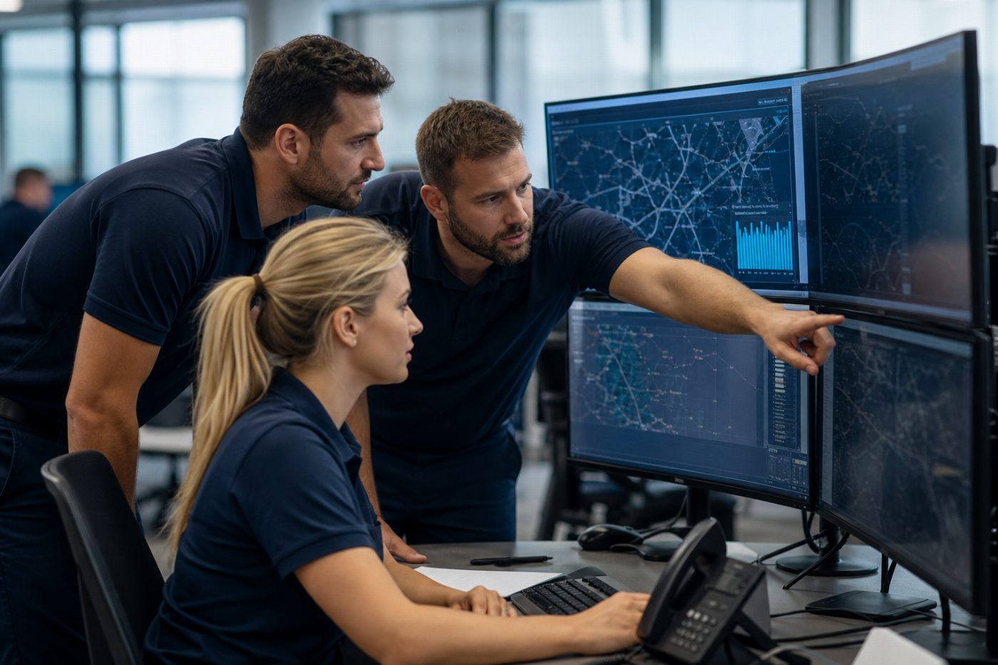 A dispatch team working at monitors in an operations office